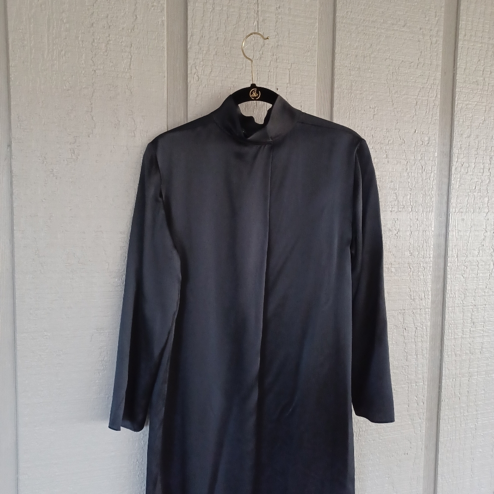 Vince Mock Neck Silk Shift Dress Size S Women Minimalist Quiet Luxury In Black - Picture 6 of 15